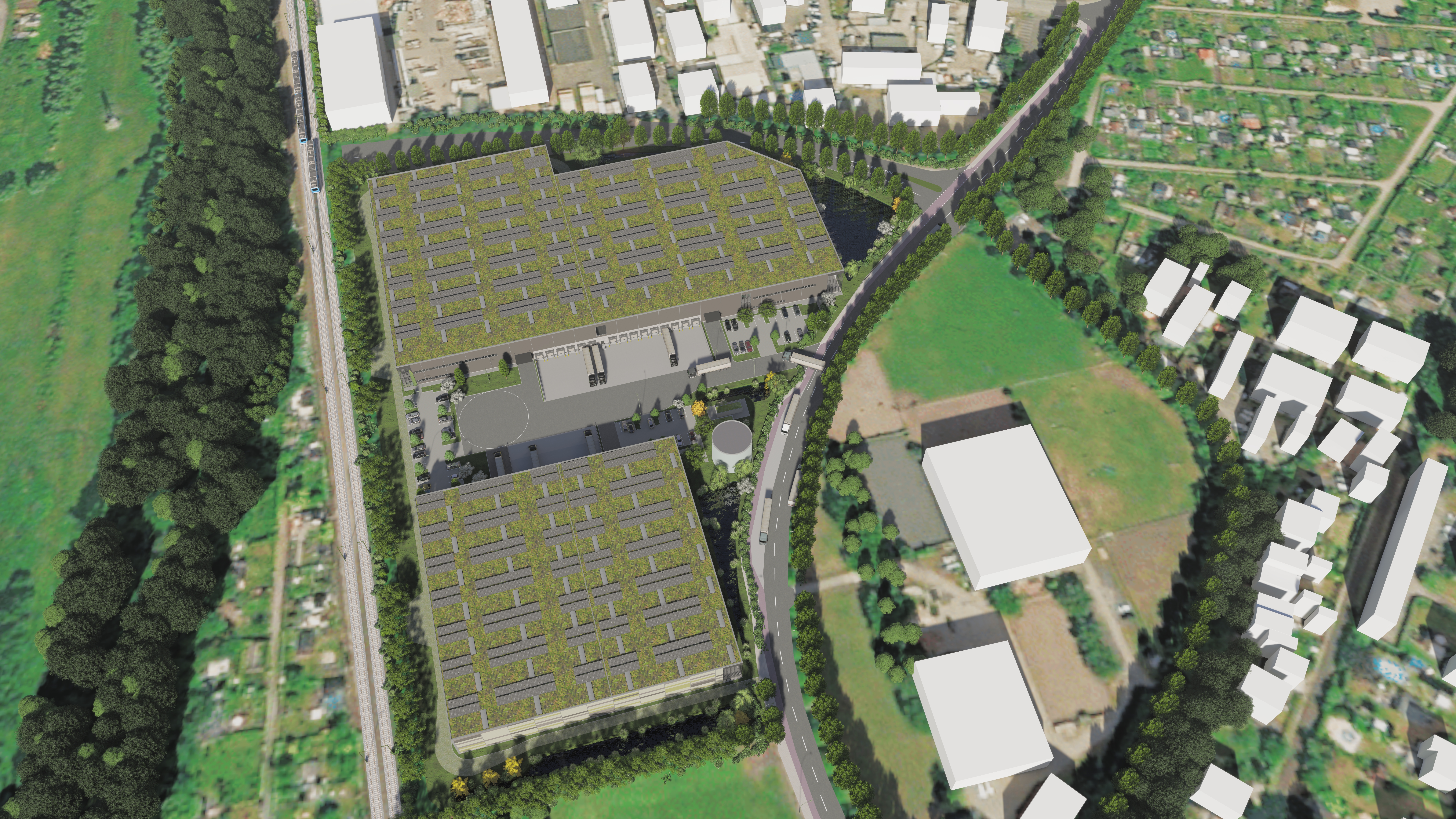 Architekturvisualisierung einer grünen, nachhaltigen Industrieanlage